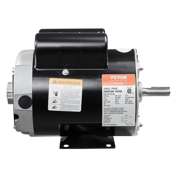VEVOR 3HP Air Compressor Electric Motor, 230V 15.5 Amps, 56 Frame 3450RPM, 5/8" Keyed Shaft, 1.88" Shaft Length, Single Phase, CW/CCW Rotation (Factory Setting is CCW)