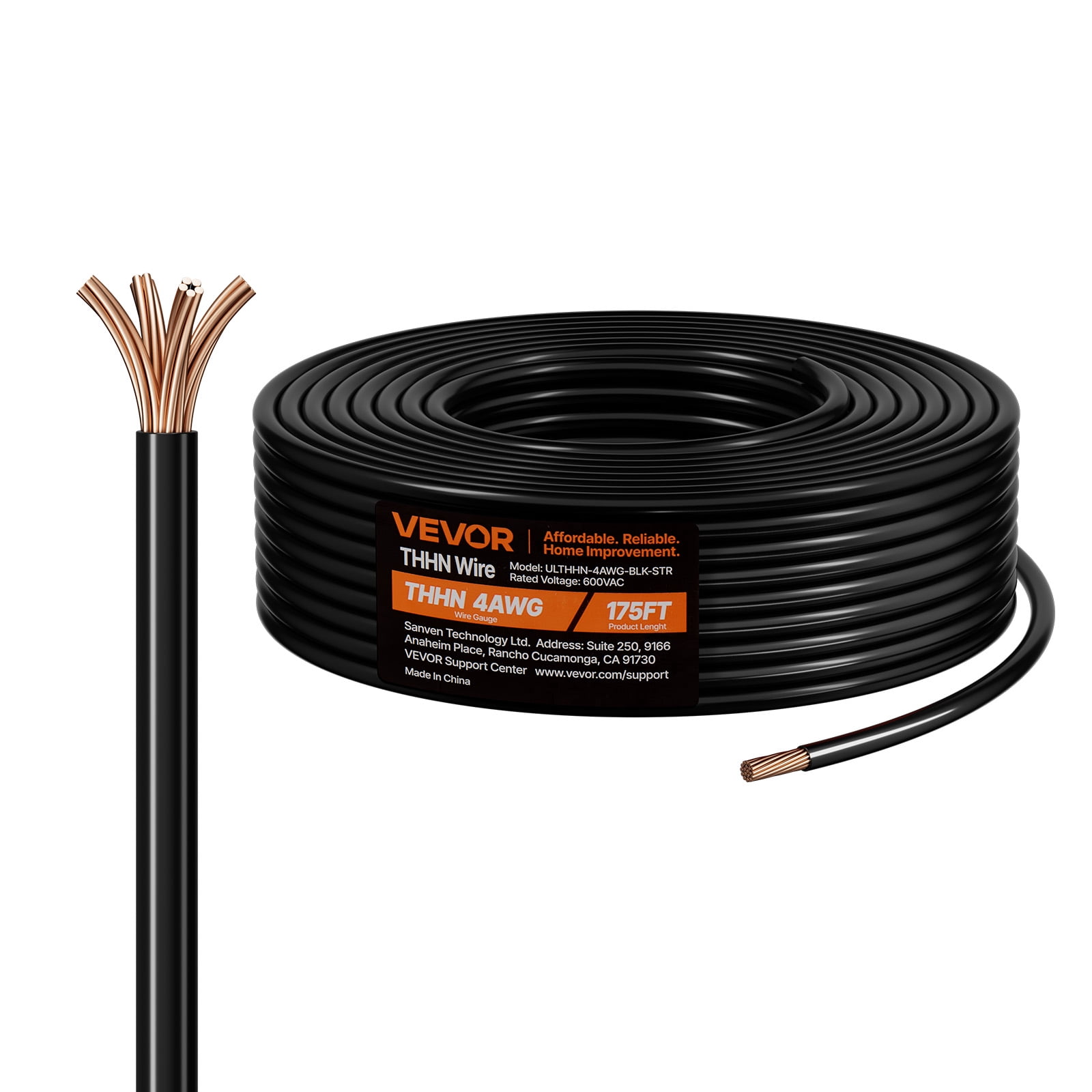 VEVOR 4 AWG THHN Wire, 19-Stranded, 100% OFC Copper Electrical Building Wire with Nylon Jacket, Rated for Up to 600 Volts, for Indoor & Outdoor Use, Commercial, Industrial, Residential, Black