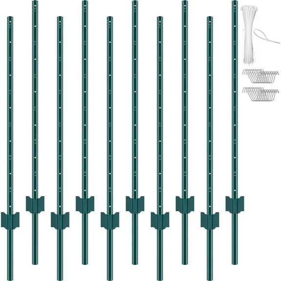 VEVOR 4 Feet Fence Post, 10 Pack U-Channel Heavy Duty Metal Fence Posts, Sturdy Steel Fence Stakes for Garden Yard, Lawn, Farms and Outdoor Wire Fencing, Green