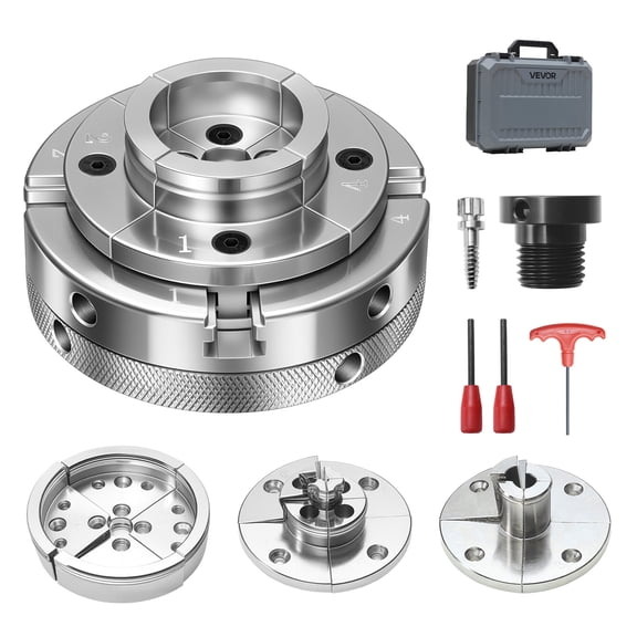 VEVOR 4 Inch Wood Lathe Chuck, 4-Jaw, Self-Centering Wood Turning Chuck Set with 1" x 8TPI Thread & Adapter, 4 PCS Round/Jaws/Pin Jaws, Case, Nickel-Plated, High-Hardness Steel, for Woodworking Lathe