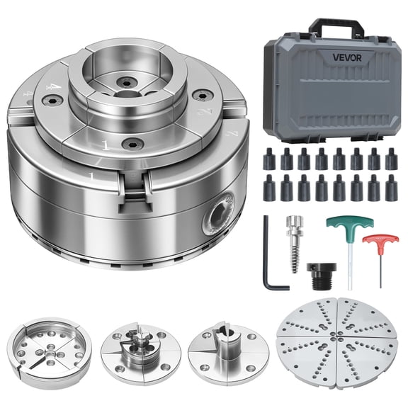 VEVOR 4inWood Lathe Chuck, 4-Jaw, Bevel-Gear Self-Centering Wood Turning Chuck Set with 1" x 8TPI Thread & Adapter, 5 PCS Jaws Round/Flat/Step/Pin, Carry Case, Nickel-Plated Finish