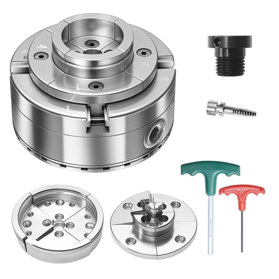 VEVOR 4 Inch Wood Lathe Chuck, 4-Jaw, Self-Centering Wood Turning Chuck Set with 1" x 8TPI Thread & Adapter, Round Jaws, Step Jaws, Thickened Nickel-Plated, High-Hardness Steel, for Woodworking Lathe