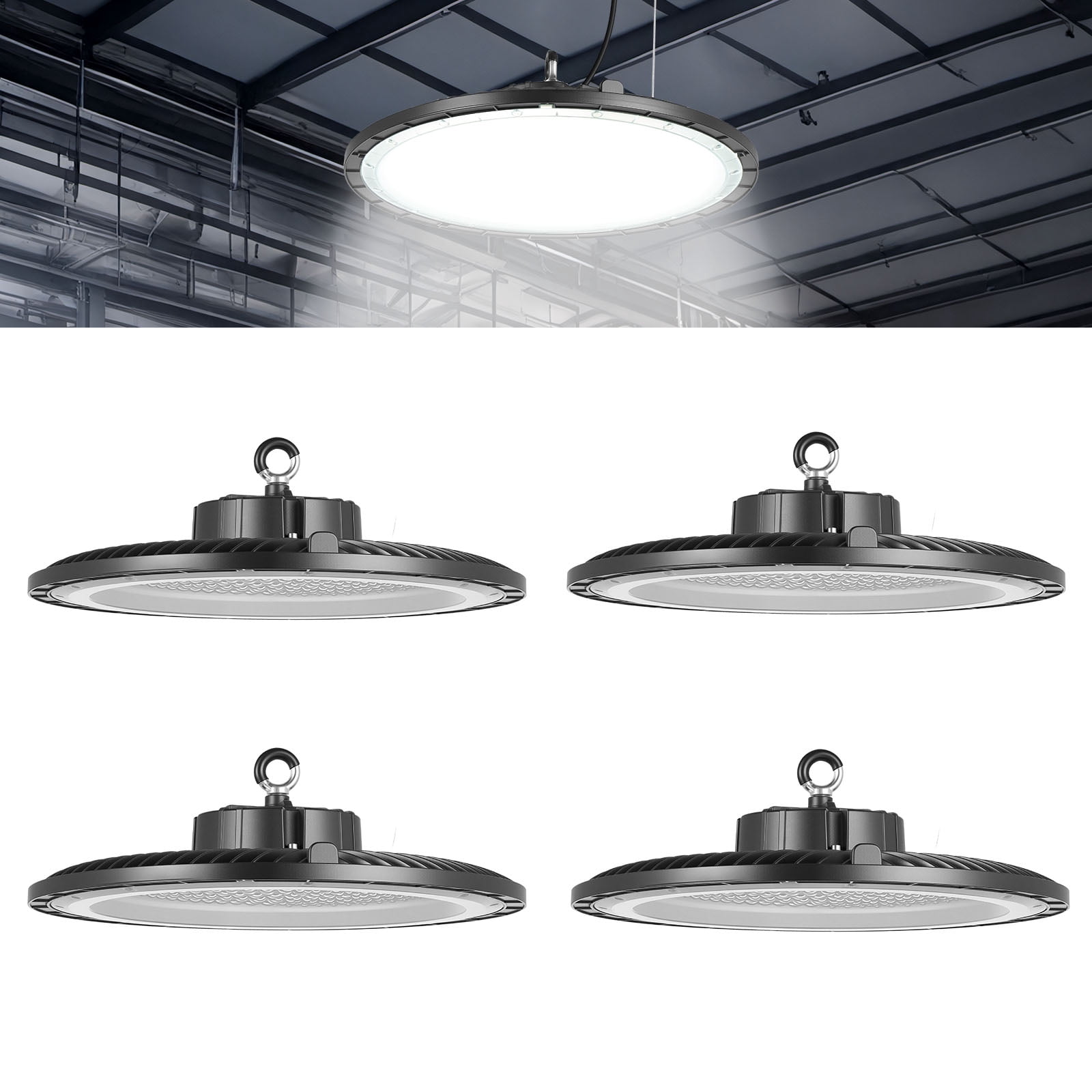 VEVOR 4 Pack LED High Bay Lights, 5000K 250W 36000LM Super Bright UFO LED Warehouse Shop Lights, IP65 Waterproof, 100-277V Wide Voltage for Warehouse Workshop Factory Gym Garage Barn, Black