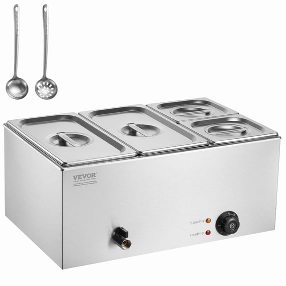 VEVOR 4-Pan Commercial Food Warmer, 16.4QT Electric Steam Table, 1200W Professional Countertop Stainless Steel Buffet Bain Marie with 86-185°F Temp Control for Catering and Restaurants, Silver