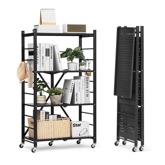 VEVOR 4-Tier Foldable Storage Shelf, 26W x 13D x 46H Inch Folding Metal Rack Shelving Unit, No Assembly Organizer Shelf with 5 Wheels & 4 Hooks for Pantry, Kitchen, Garage, Basement, Black
