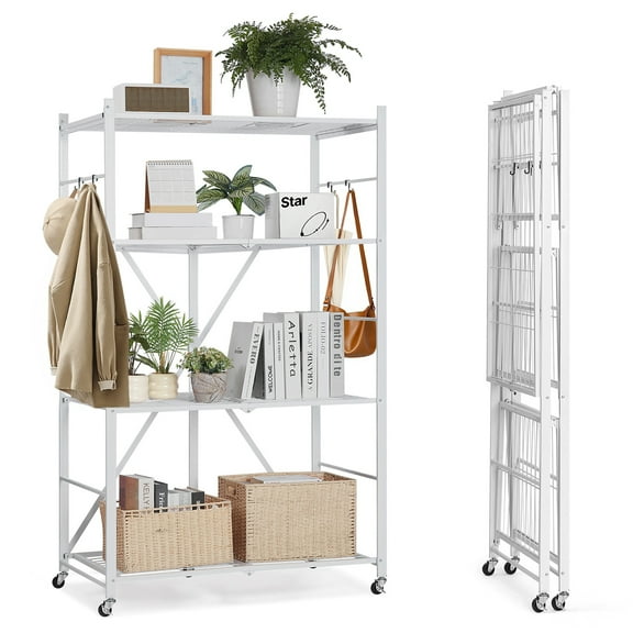 VEVOR 4-Tier Foldable Storage Shelf, 36W x 21D x 60 H Inch Folding Metal Rack Shelving Unit, No Assembly Organizer Shelf with 5 Wheels & 4 Hooks for Pantry, Kitchen, Garage, Basement, White