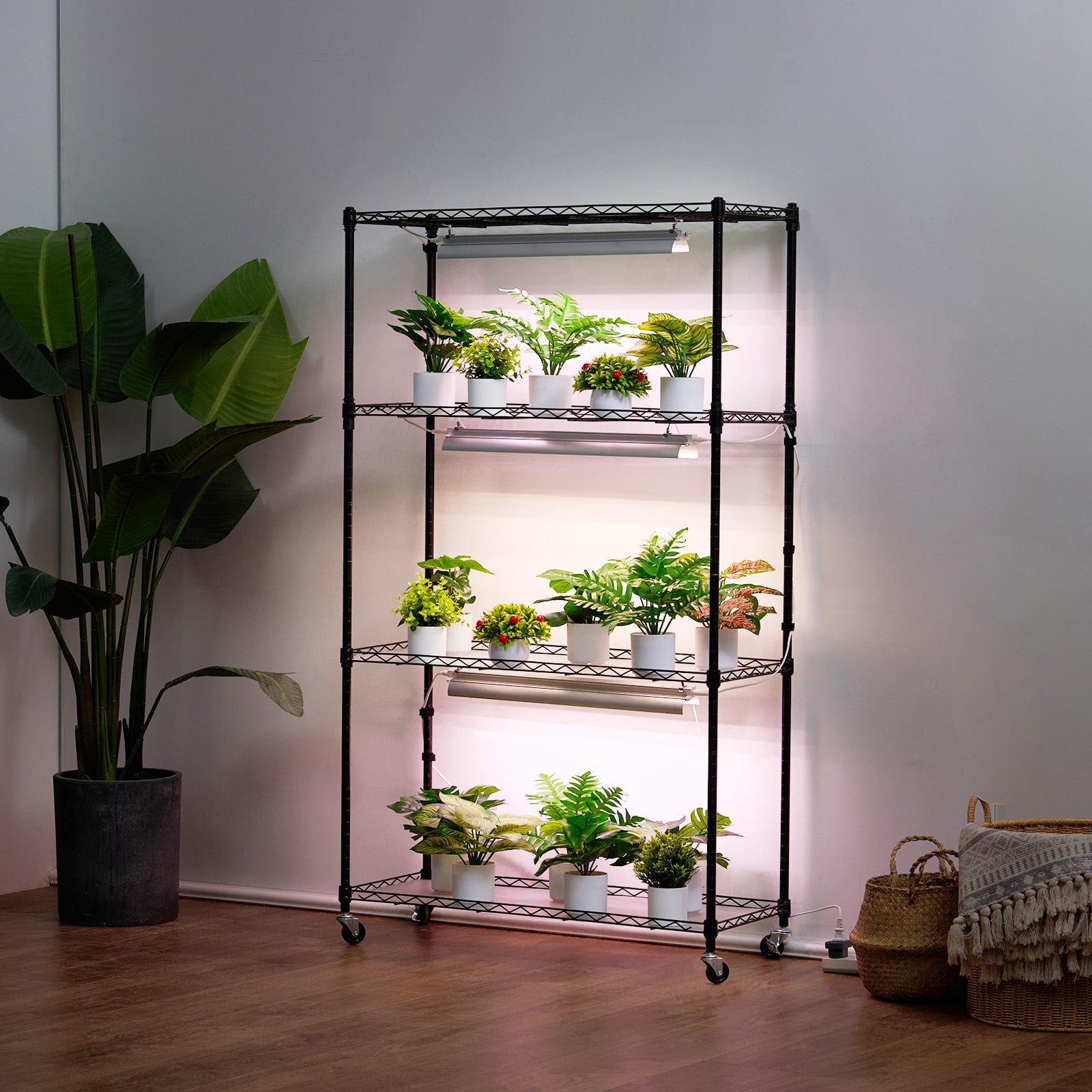 Black Metal 4-Tier Plant Stand with Adjustable Grow Lights