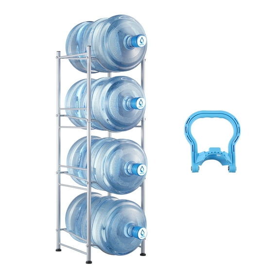 VEVOR 4 Tiers Water Jug Holder, 5 Gallon Water Bottle Holder, Single Row Water Bottle Rack for 4 Bottles, Heavy Duty Water Jug Rack for Kitchen, Office, Living Room, Silver