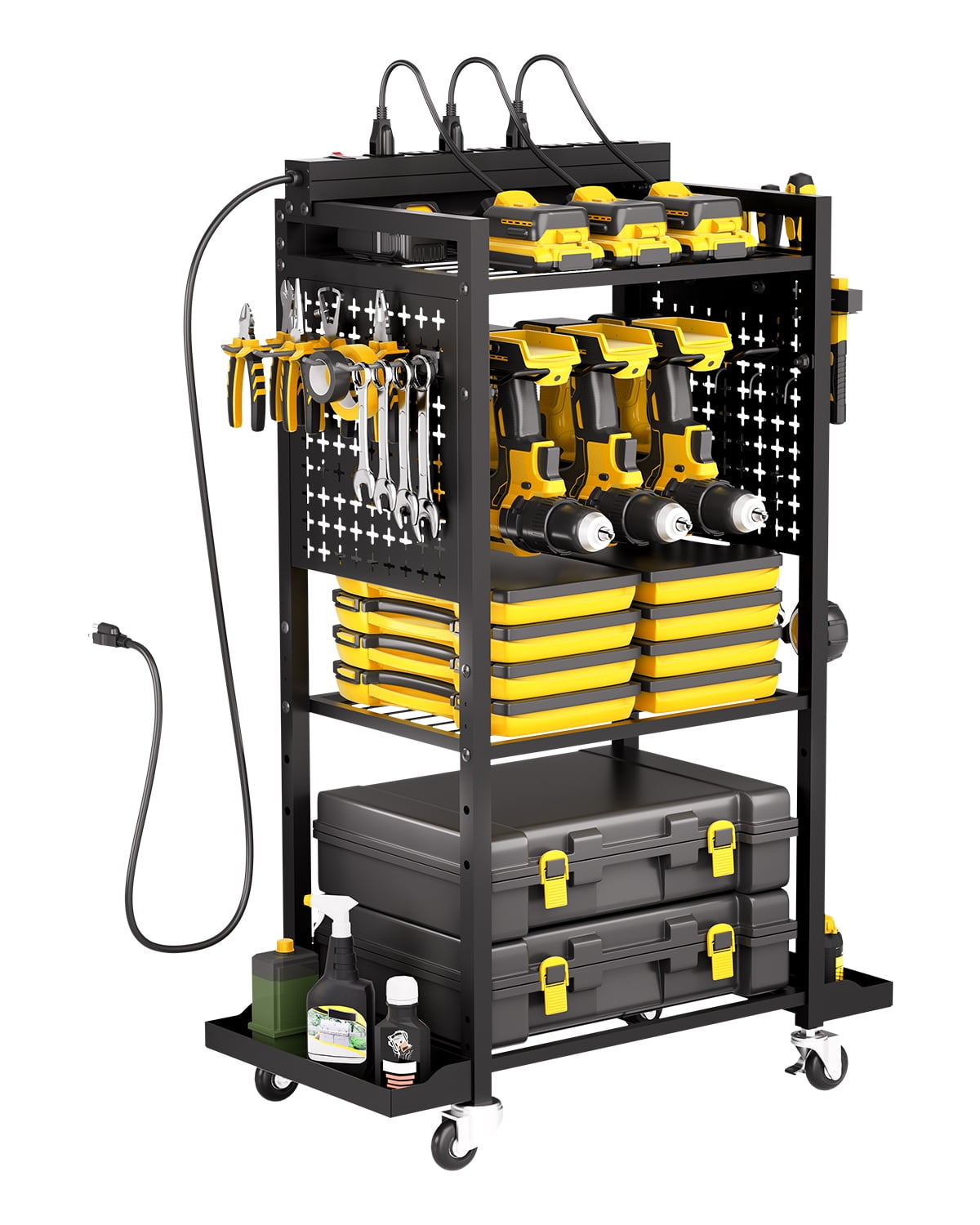 VEVOR 4-tier Tool Organizer Cart with Charging Station, 8 AC Outlet, Floor Stand Rolling Drill Holder and Tool Battery Storage Rack on Wheels, Garage Floor Rolling Storage Cart for Workshop, Garage