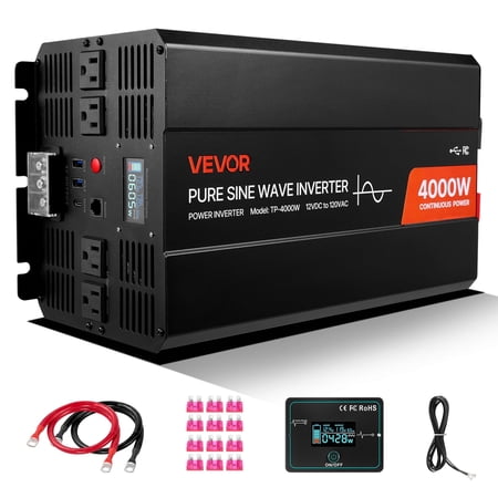 VEVOR Pure Sine Wave Inverter 4000W, 12VDC to 120VAC, LCD Display, Remote Control, 2 USB Ports, 4 AC Outlets, Type-C Port, for RV, Truck Outdoor