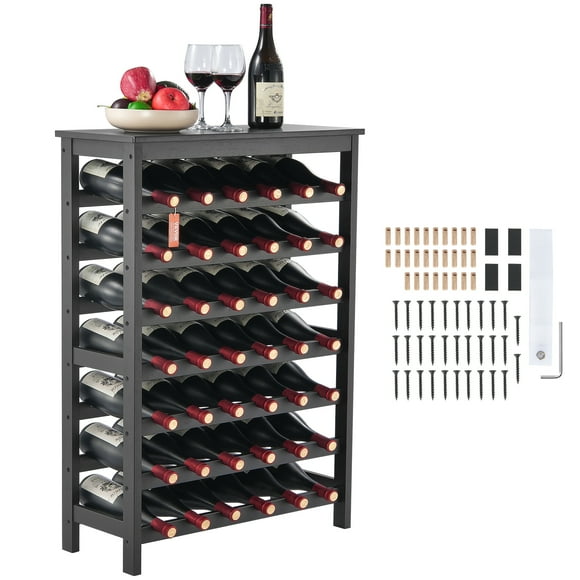 VEVOR 42 Bottle Modular Wine Rack, 7-Tier Solid Bamboo Wood Storage Racks with Table Top, Floor Freestanding Wines Holder Display Shelf, Wobble-Free Shelves for Kitchen, Bar, and Cellar (Black)