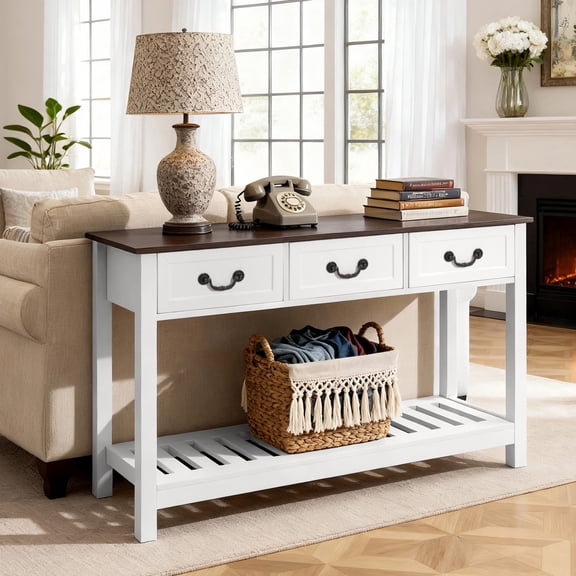 VEVOR 47 in Console Table, Farmhouse Desk Behind the Couch with Drawers and Bottom Storage Shelf, Wooden Rectangle Entrance Narrow Sofa Table for Hallway, Bedroom, Living Room, Foyer, Brown   White