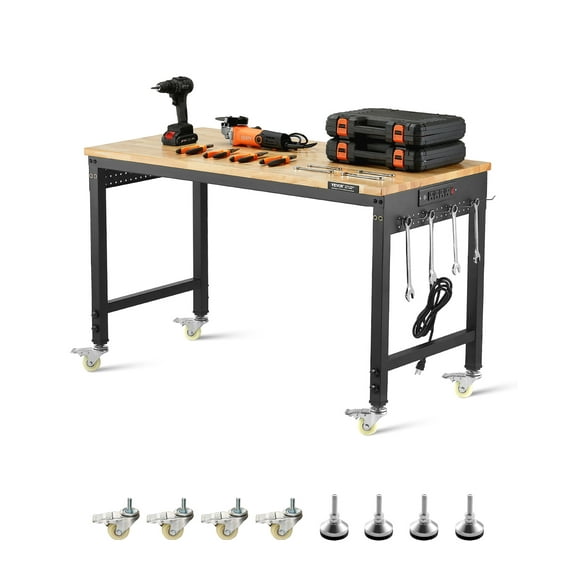 VEVOR 48-Inch Adjustable Workbench, 2000 lbs Load, Work Bench with Power Outlet, Wheels, and Pegboard, Heavy Duty Oak Wood Top Work Table for Garage, Workshop, Office, and Home