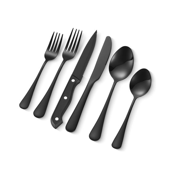 VEVOR 48-Piece Black Silverware Set with Steak Knives, Food-Grade Stainless Steel Flatware Utensils for 8,Mirror Finished Cutlery Set, Dishwasher Safe Eating Tableware for Kitchen Home, Service for 8
