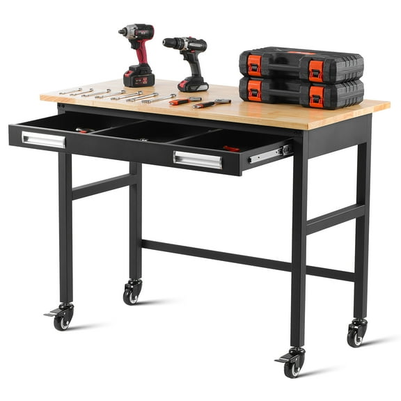VEVOR 48-inch Workbench, 1500 lbs Load Capacity, Garage Workbench with Drawer Storage & Wheels, Workshop Bench on Wheels, Heavy Duty Oak Wood Top Work Table for Garage, Workshop, Office, and Home