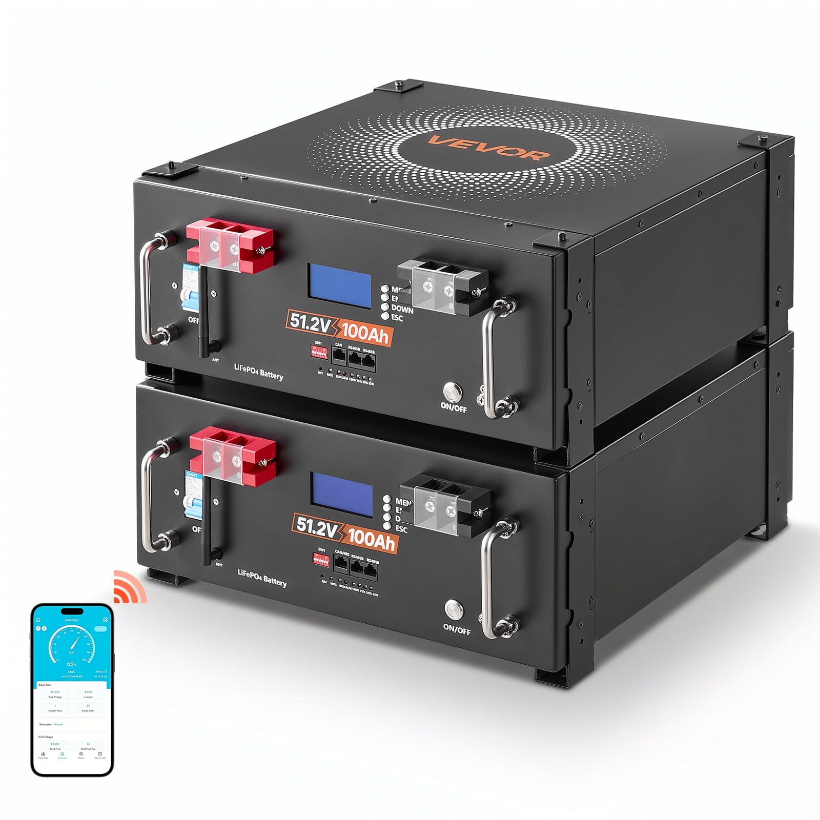 VEVOR 48V 100Ah LiFePO4 Lithium Battery, Built-in 100A BMS, 51.2V Server Rack LiFePO4 Battery with Bluetooth & Display, 5120Wh Capacity, 6000 Cycles, for Solar Energy Storage Home Backup Power,2 Pack