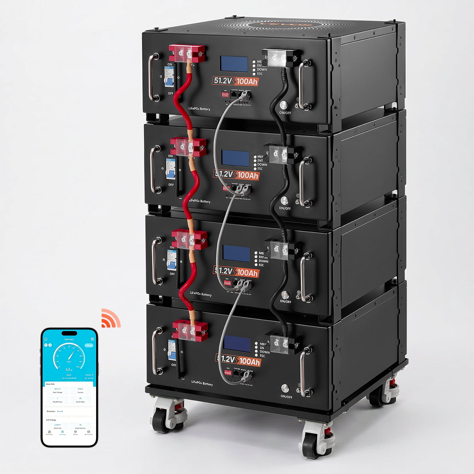 VEVOR 48V 100Ah LiFePO4 Lithium Battery, Built-in 100A BMS, 51.2V Server Rack LiFePO4 Battery with Bluetooth & Display, 5120Wh Capacity, 6000 Cycles, for Solar Energy Storage Home Backup Power,4 Pack