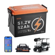 VEVOR 48V 51.2V 52AH Lithium Golf Cart Battery, with 15A Charger, Lifepo4 Battery Kit, Built-in 100A BMS, 4000 Cycles, 2C Discharge Rate, Bluetooth & Mobile APP, for Golf Carts, Trolling Motors