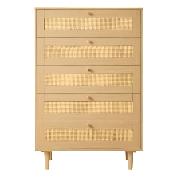 VEVOR 5 Drawer Rattan Dresser, Modern Closet Dresser for Bedroom, Natural Rattan Chest of Drawers with Metal Handles & Wooden Legs, Chest Clothing Organizer & Storage for Bedroom, Living Room