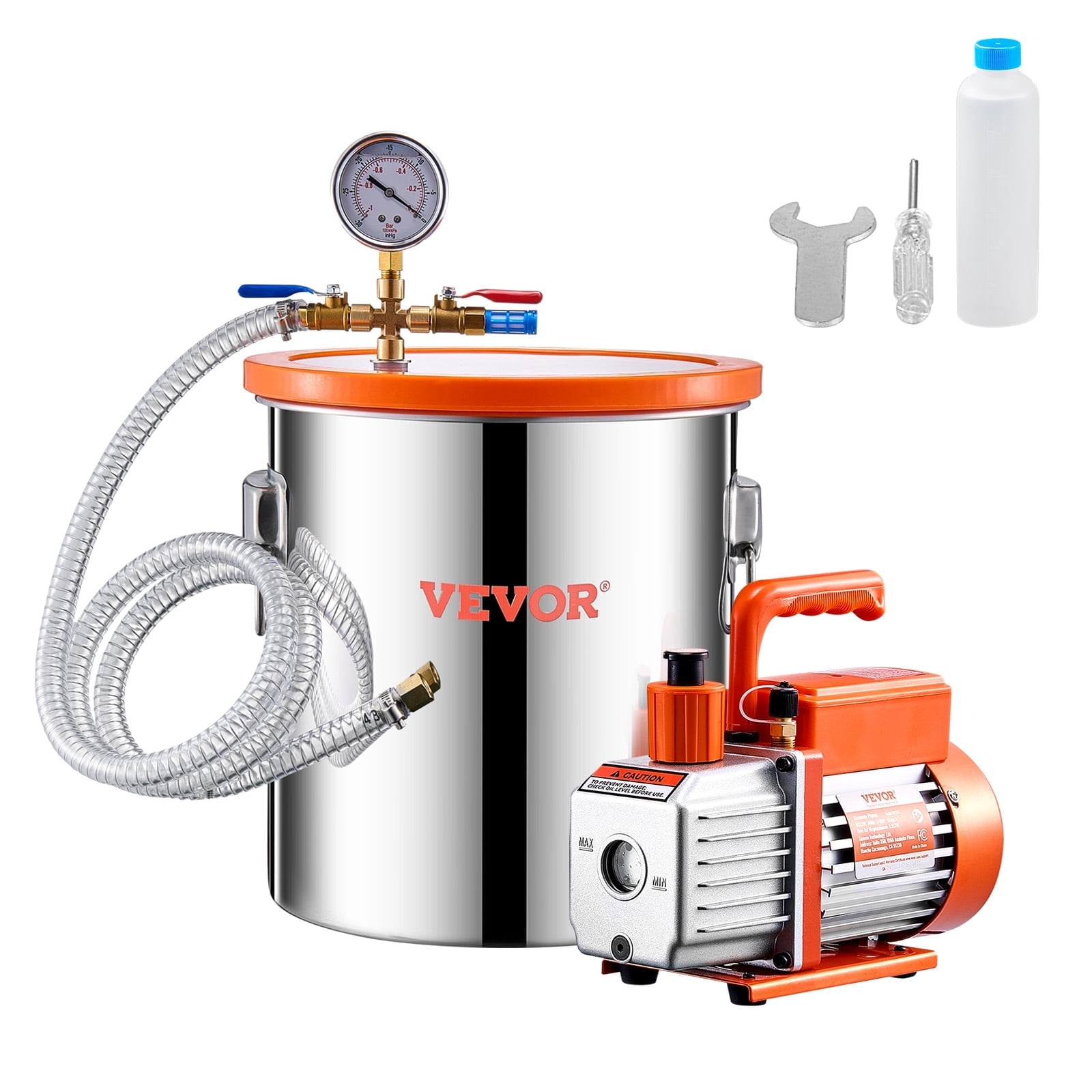 VEVOR 5 Gal Vacuum Chamber and 3.5 CFM Pump Kit, Stainless Steel Chamber, Single Stage Vacuum Pump Degassing Chamber Kit, with Acrylic Lid, Oil, 4.92 ft Hose, for Degassing Resin Silicone Epoxies