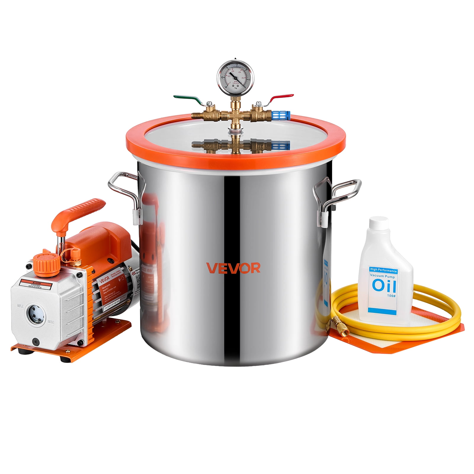 VEVOR 5 Gallon Vacuum Chamber with Pump, 3.5 CFM, Single Stage Vacuum Pump, Stainless Steel Degassing Chamber Kit with Tempered Glass Lid, 5 ft Hose, for Stabilizing Wood Degassing Silicone Resin