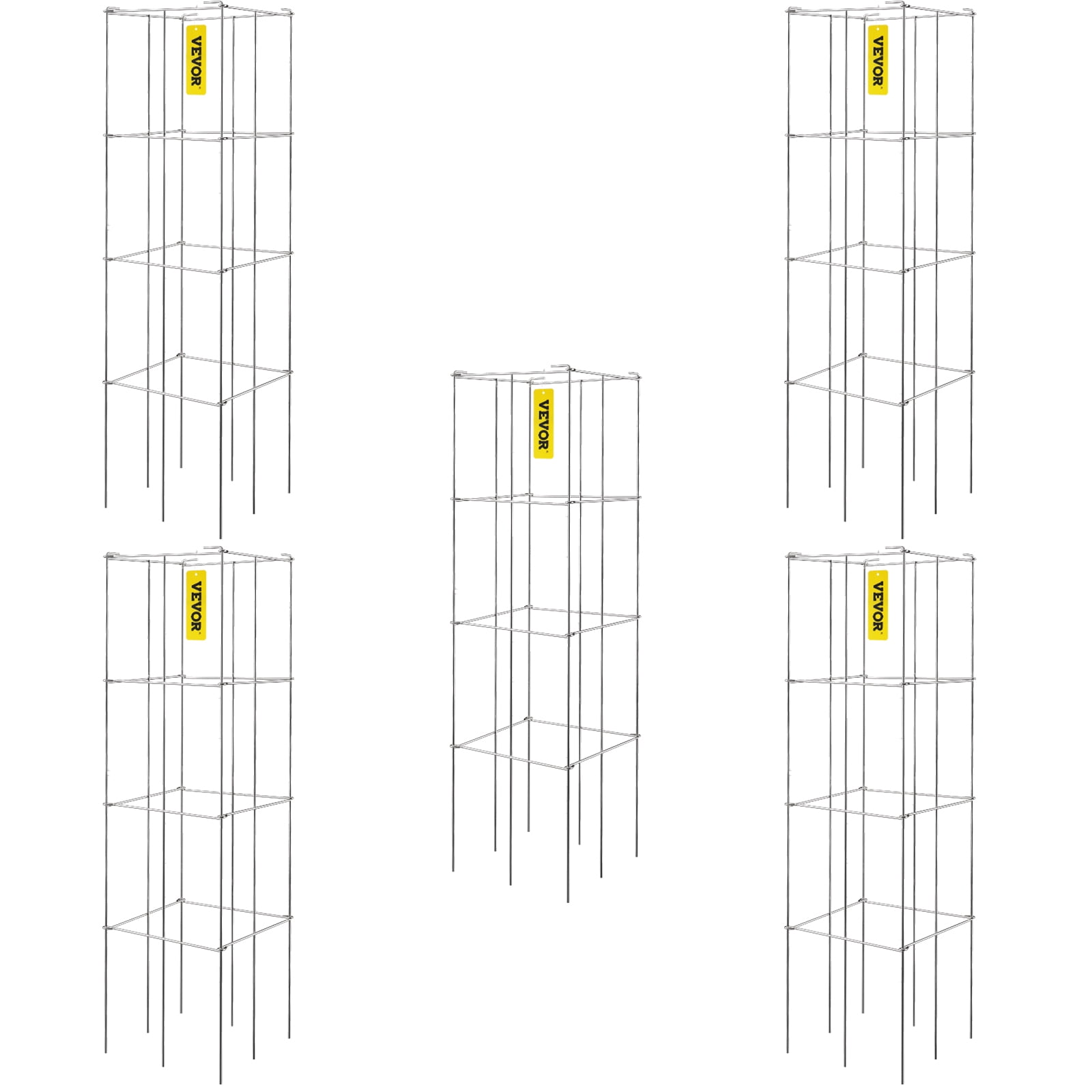 VEVOR 5 Pack Square Folding Tomato Cages 46" Plant Support Stake Tower Silver PVC-coated Steel Tomato Cage Towers for Tomato Plants, Eggplants, Cucumber, Climbing Plants