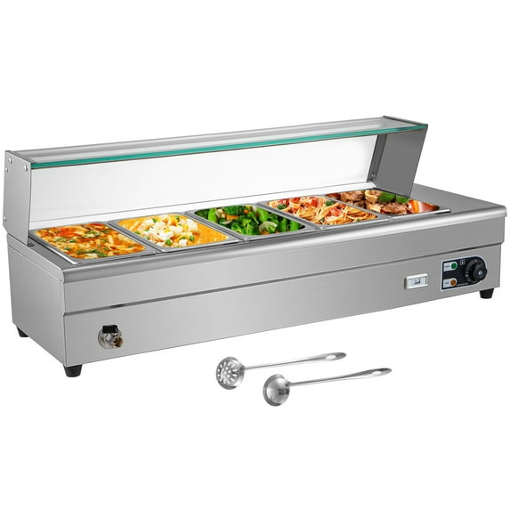 VEVOR 5-Pan Bain Marie Food Warmer 6-inch Deep, 1500W Electric Countertop Food Warmer 55 Quart with Tempered Glass Shield, 110V Food Grade Stainelss Steel Commercial Table with 5 Lids & 2 Ladles