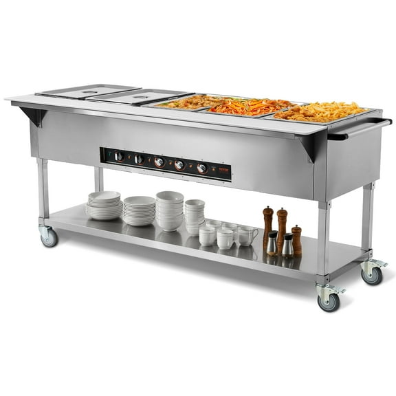 VEVOR 5-Pan Commercial Food Warmer, 5 x 20.6QT Electric Steam Table, 3750W Professional Buffet Catering Food Warmer with 4 Wheels (2 Lockable), Food Grade Stainless Steel Server