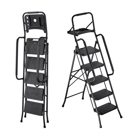 VEVOR 5 Step Ladder, Folding Step Stool with Wide Anti-Slip Pedal, Tool Tray, Dual Side Handrails, 600 lbs Capacity Portable Steel Ladder, Multi-Use for Kitchen, Home, Household and Office, Black