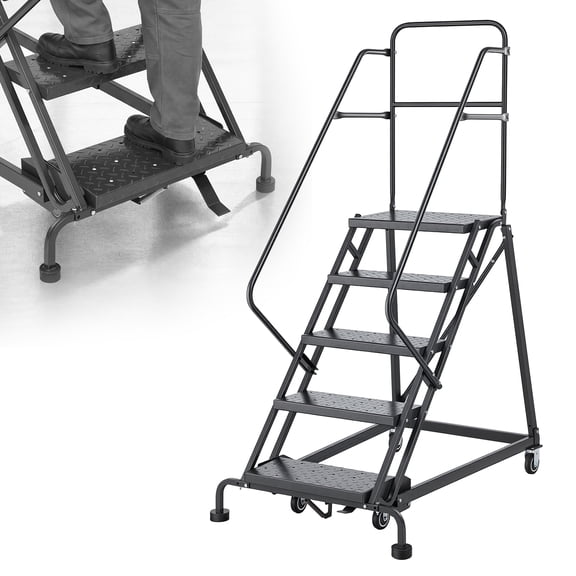 VEVOR 5-Step Rolling Warehouse Ladder, Industrial Alloy Steel Mobile Step Stair, with Handrails, Non-Slip Perforated Steps & Self-Locking Wheels, 450LBS Heavy Duty Platform Ladder for Garage Library