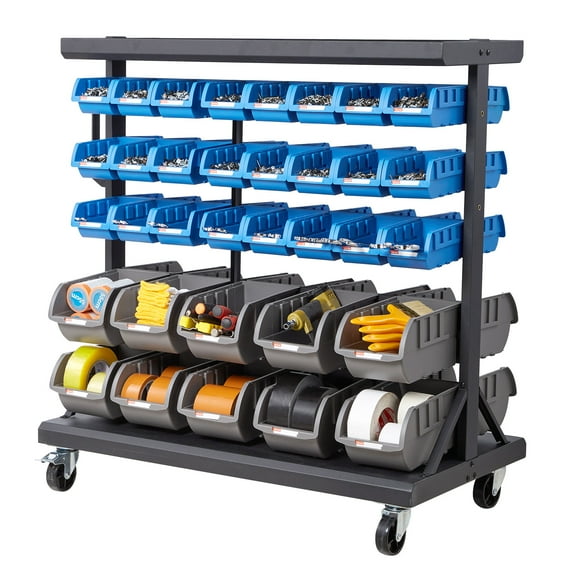VEVOR 5-Tier Double-Sided Rolling Bin Storage Rack, 68 Plastic Bins, Dual-Sided Parts Organizer with Wheels, Mobile Tool Organizer for Garage, Warehouse, Office, Restaurant, Classroom, Kitchen