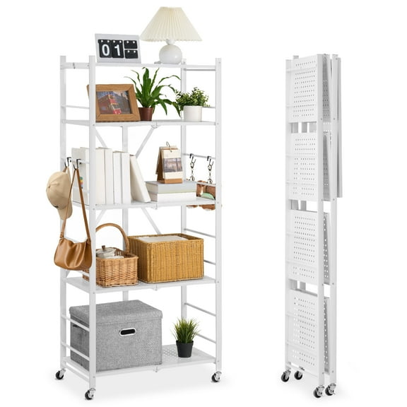 VEVOR 5-Tier Foldable Storage Shelf, 28 W x 15D x 64H Inch Folding Metal Rack Shelving Unit, No Assembly Organizer Shelf with 5 Wheels & 4 Hooks for Pantry, Kitchen, Garage, Basement, White