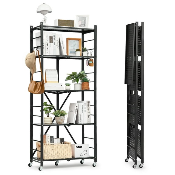 VEVOR 5-Tier Foldable Storage Shelf, 28W x 13D x 66H Inch Folding Metal Rack Shelving Unit, No Assembly Organizer Shelf with 5 Wheels & 4 Hooks for Pantry, Kitchen, Garage, Basement, Black