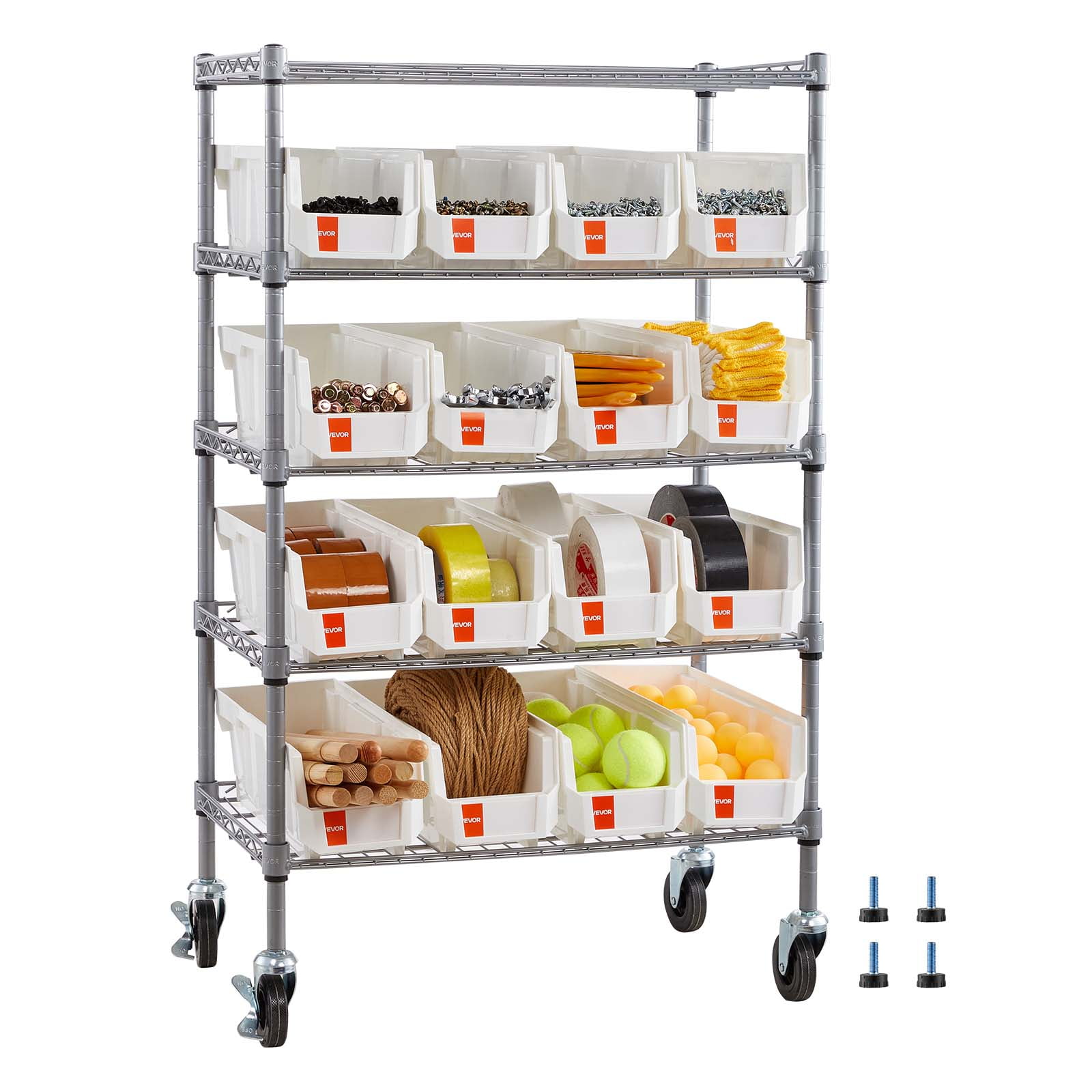 VEVOR 5-Tier Rolling Bin Storage Rack, 16 Organizer Bins, Bin Rack ...