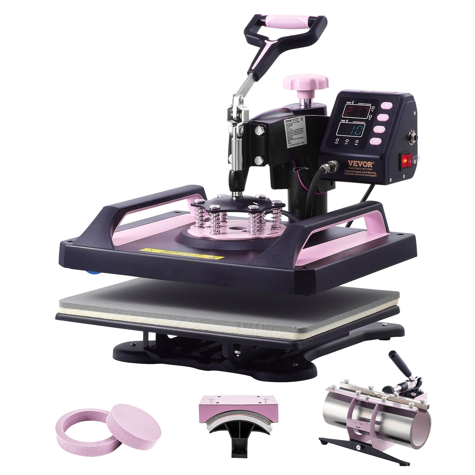 VEVOR 5-in-1 Heat Press Machine, 12x15 Inch, 30oz Tumbler Press, T-Shirts, Black & Pink
