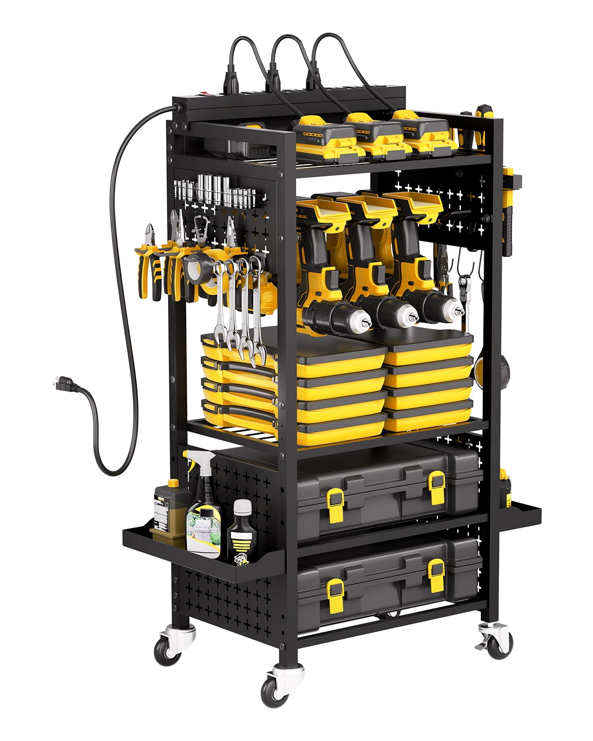 VEVOR 5-tier Tool Organizer Cart with Charging Station, 8 AC Outlet, Floor Stand Rolling Drill Holder and Tool Battery Storage Rack on Wheels, Garage Floor Rolling Storage Cart for Workshop, Garage