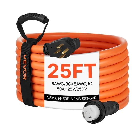 VEVOR 50 Amp Generator Cord, 25 Feet, 125/250V RV Power Cord NEMA 14-50P to SS2-50R with Twist Lock, Grip Handle, Heavy Duty 6AWG/3 + 8AWG/1 Generator Cable, for RV Camper Generator to House, Orange
