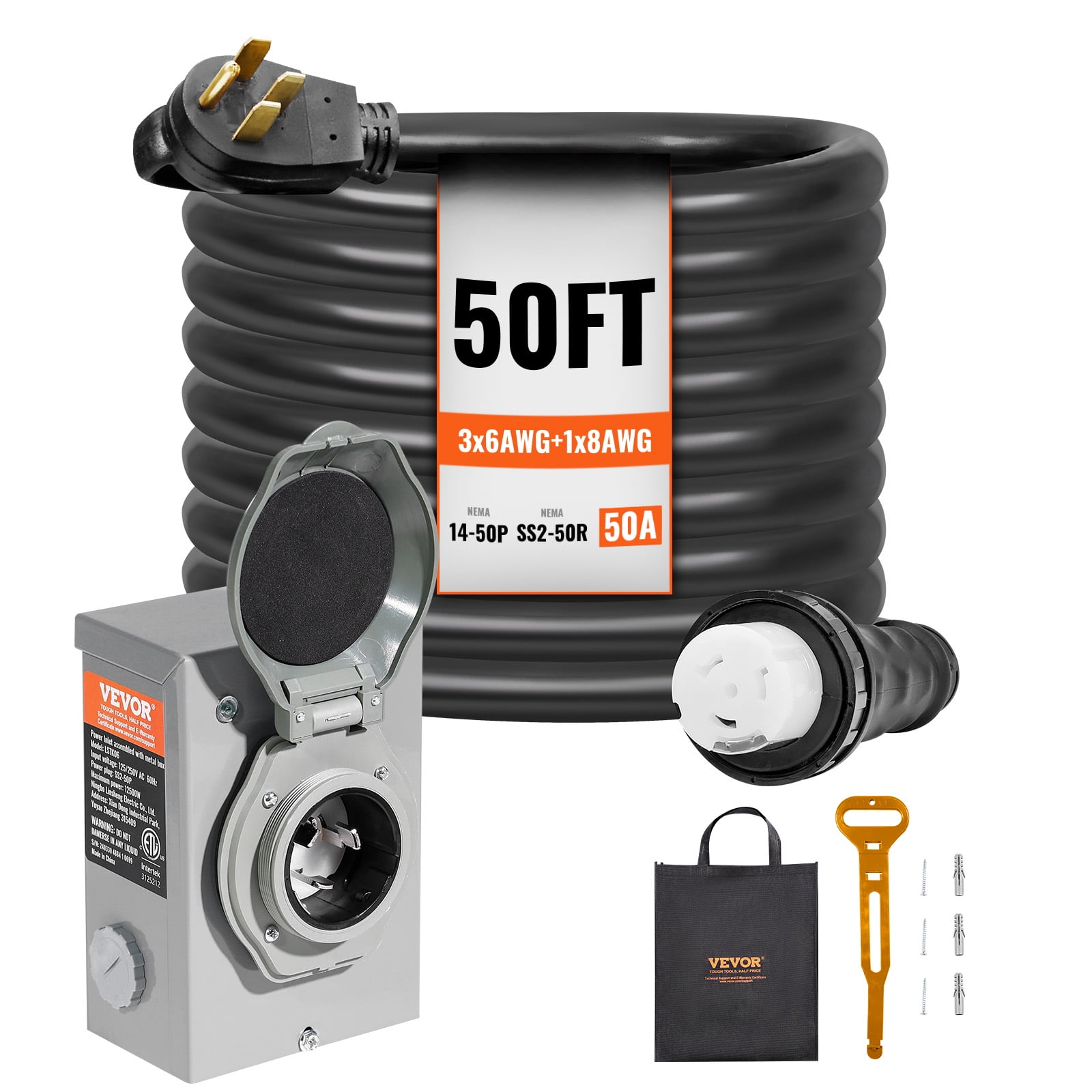 VEVOR 50 Amp Generator Cord and Power Inlet Box Kit, 50FT, NEMA 14
