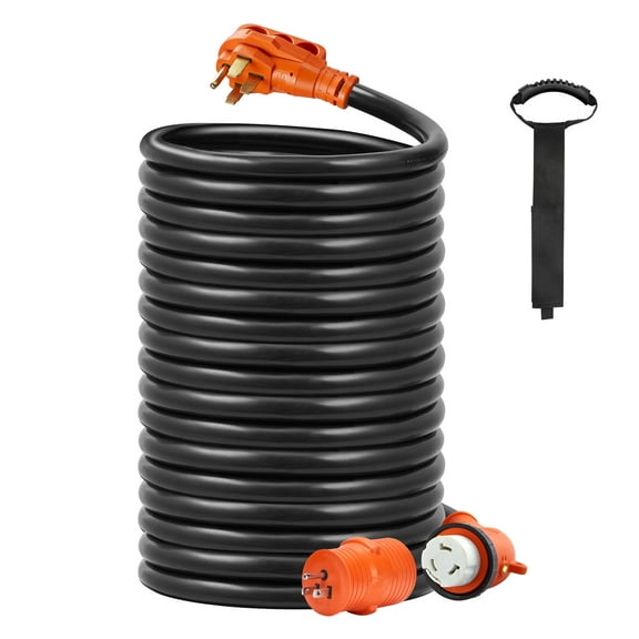 BENTISM 50 Feet RV Extension/Power Cord, 50 Amp, Heavy Duty STW 6/3 + 8/1 Generator Cord, NEMA 14-50P Male NEMA SS2-50R Female Plug, with LED Indicator Handle 15A Adapter, for RVs, ETL Listed