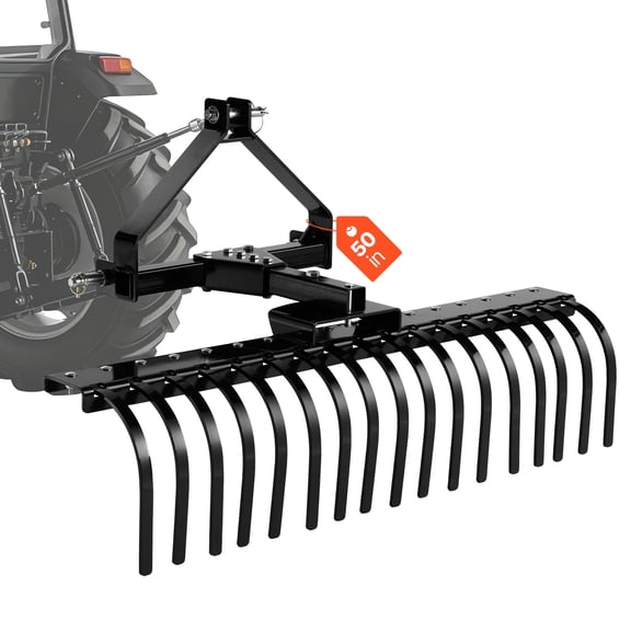 VEVOR 50 in Lanscape Rock Rake, 3-Point Tow Behind Landscape Rake with 17 Steel Tines, Fit Category 1 Tractors, Angle Adjustable, Heavy Duty Lawn Dethatcher Rake for Grass Branch Debris