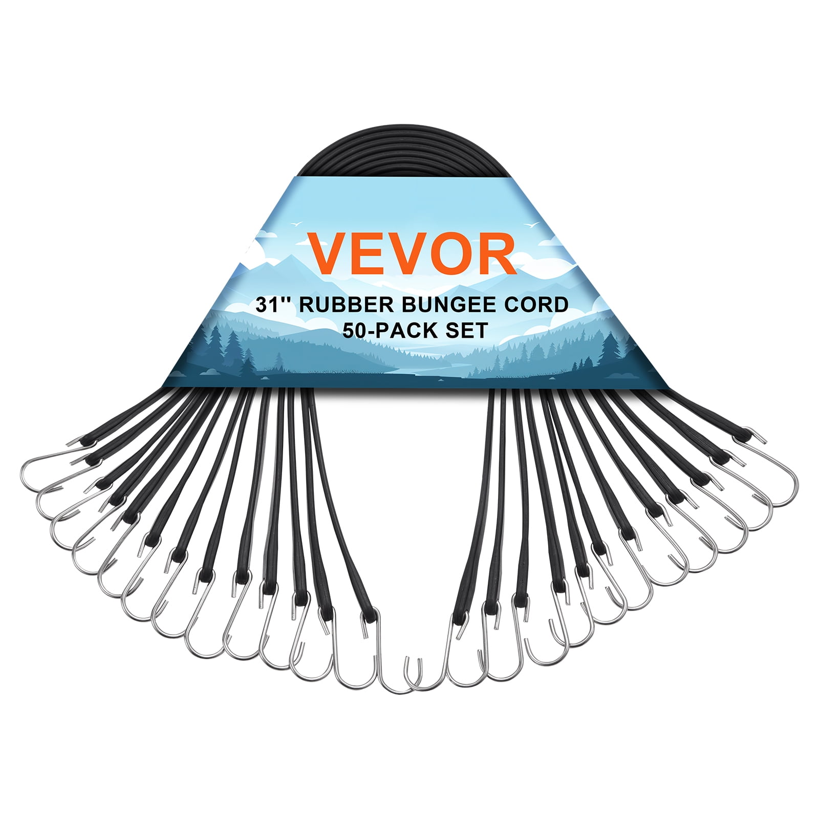 VEVOR 50 Piece Flat Bungee Cord, 19.8 mm Heavy Duty Bungee Straps with Steel S-Hooks, 31" Elastic Bungee Rope for Cargo, Tarps, Trucks and Tent, Black