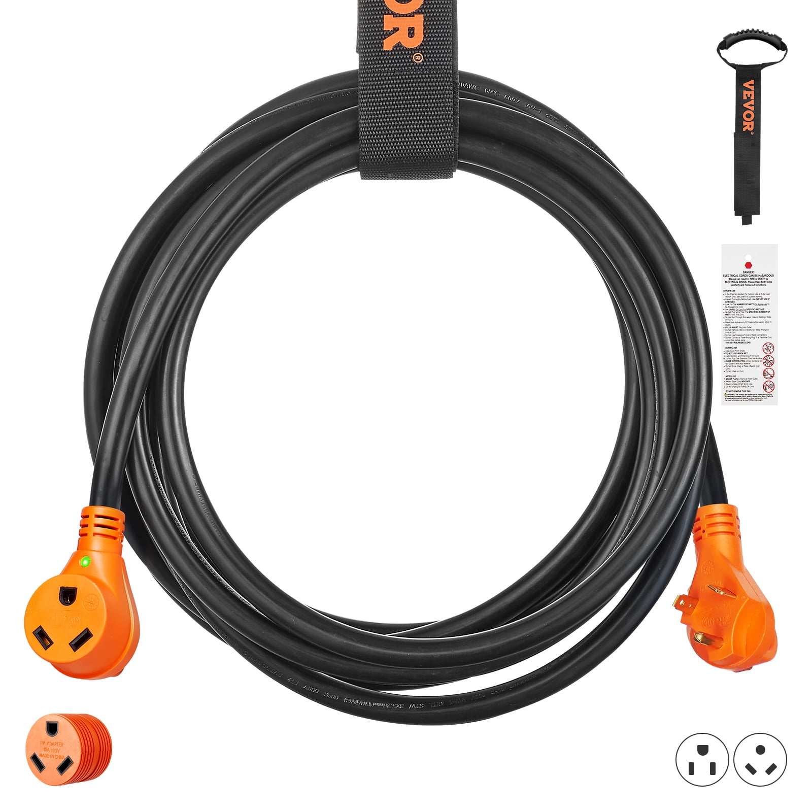 VEVOR 50 ft RV Extension Cord, 30 Amp, Heavy Duty STW RV Power Cord, NEMA TT-30R Female NEMA TT-30P Male Plug, with LED Indicator Handle 15A Adapter, for RVs, trams, generators, Campers, ETL Listed