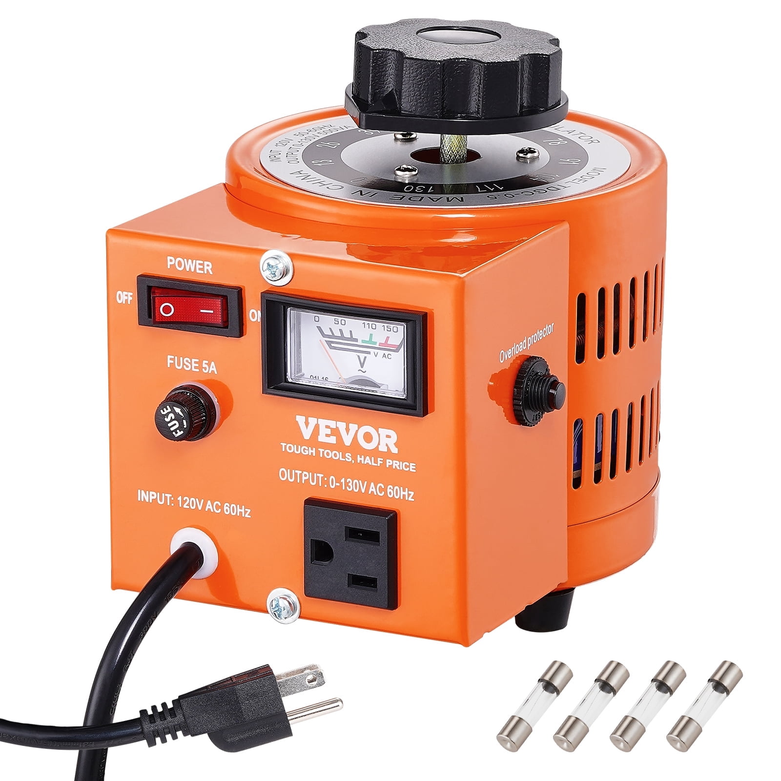 5 Amp 500VA Variable Transformer – 110-120V Input, 0-130V Output, Stepless Voltage Regulator For Lab & Industrial Use