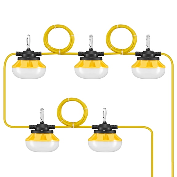 VEVOR 50FT Construction String Lights, 50W 5000LM, 5PCs String Work Light,5000K Daylight & IP65 Waterproof, with Hanging Hooks, for Construction Site,Temporary Lighting Indoor & Outdoor, ETL Listed