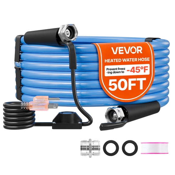 VEVOR 50FT Heated Water Hose for RV Antifreeze to -45F Drinking Water Hose, 1/2" ID, Smooth Surface, Built-in Thermostat, Freeze & Leak-Proof, Lead and BPA Free, Fast Heating for RV Camping Garden