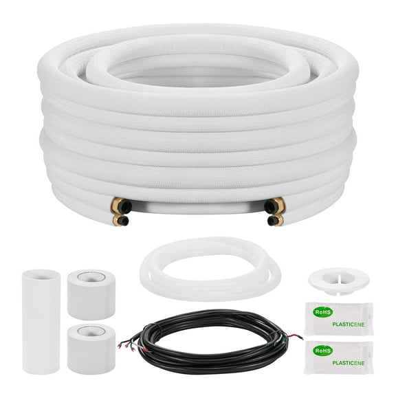 VEVOR 50ft Mini Split Line Set, 1/4 & 1/2 OD AC Copper Tubing Pipe, 3/8 White PE Thickened Insulated Coil with Flared Nuts, Rich Fittings, for Mini Split Air Conditioner HVAC or Heat Pump System