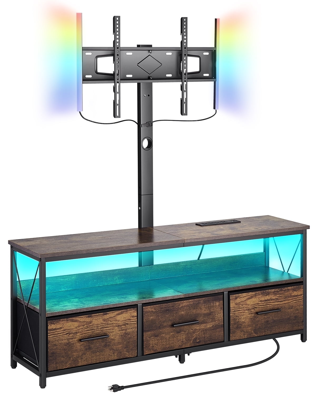 VEVOR 52" TV Stand with Mount for up to 75 in TVs, Entertainment Center with Power Outlet & LED Lights, Height Adjustable TV Console with Mount with 3 Drawers for Bedroom, Living Room, Brown