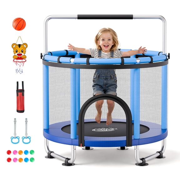 VEVOR 55" Trampoline for Kids, 4.6 FT Toddler Mini Trampoline, 132 lbs Indoor Outdoor Play Toys with Enclosure Net and Adjustable Gymnastics Bar, Christmas Toys Birthday Gifts for Girls Boys