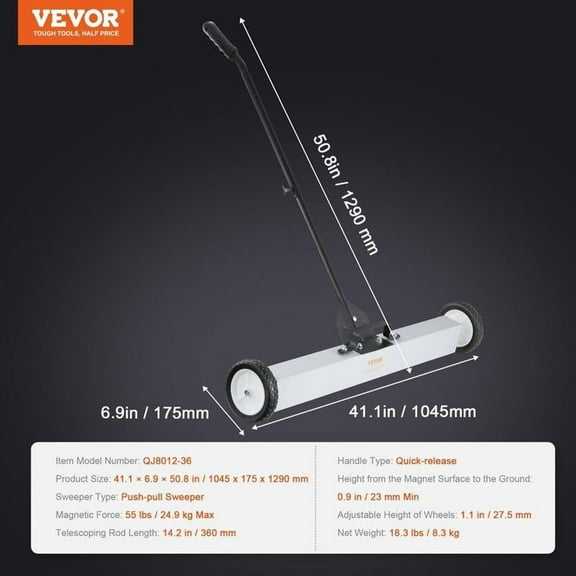 VEVOR 55Lbs Rolling Magnetic Sweeper with Wheels,Push-Type Magnetic Pick Up Sweeper, 24-inch Large Magnet Pickup Lawn Sweeper with Telescoping Handle, Easy Cleanup of Workshop Garage Yard