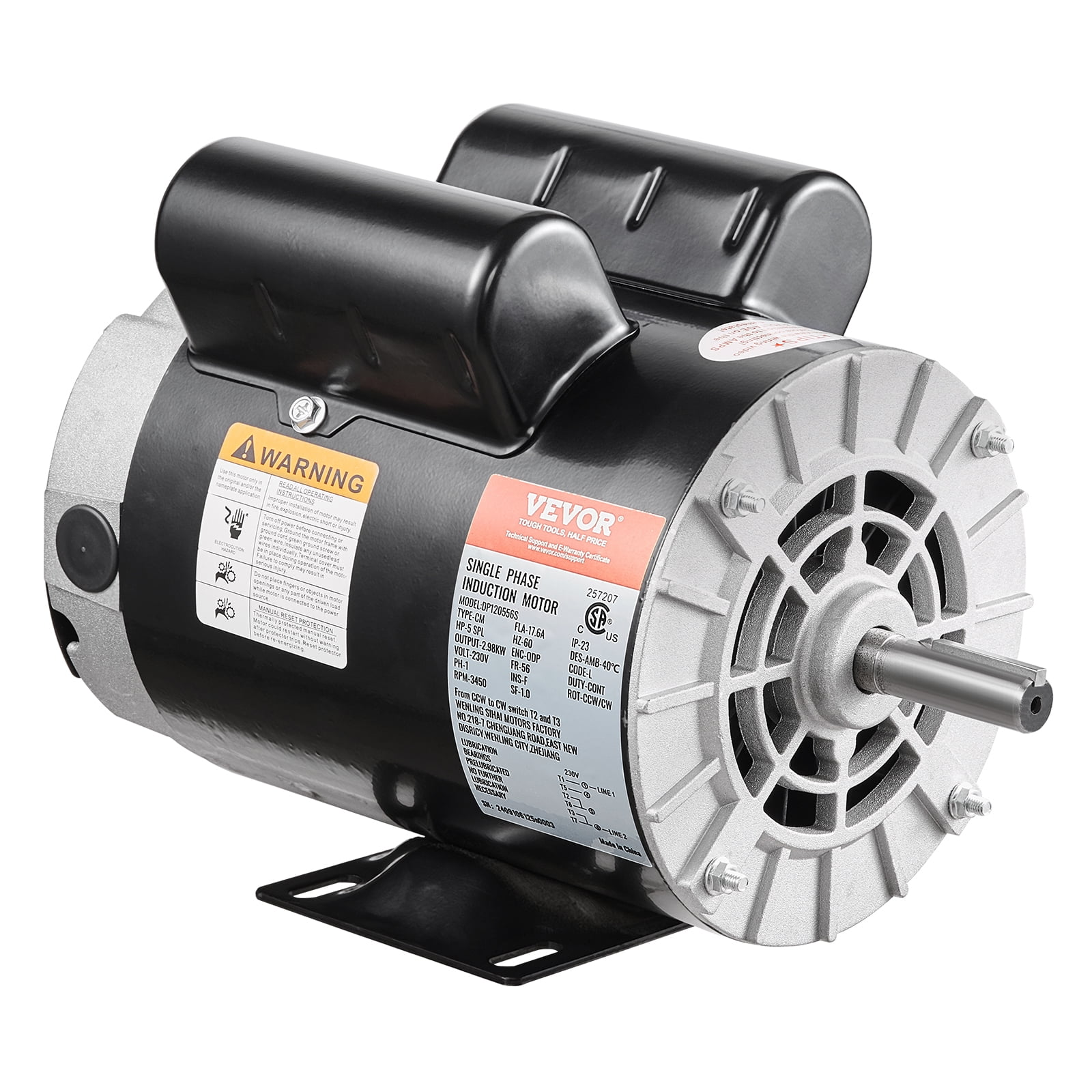 VEVOR 5HP SPL Air Compressor Electric Motor, 230V 17.6Amps, 56 Frame 3450RPM, 5/8" Keyed Shaft, 1.88" Shaft Length, CW/CCW Rotation (Factory Setting is CCW), Single Phase